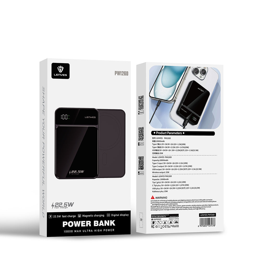 Lenyes PW126D Dijital LED Ekranlı Kablosuz Şarj Özellikli Powerbank 22.5W 10.000mAh Siyah