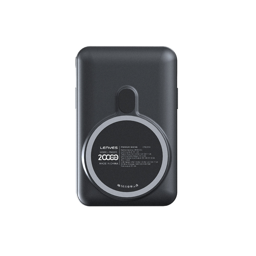 Lenyes PW222D Digital LED Display Wireless Charging Powerbank with Type-C and Lightning Cable 18W 20,000mAh Black