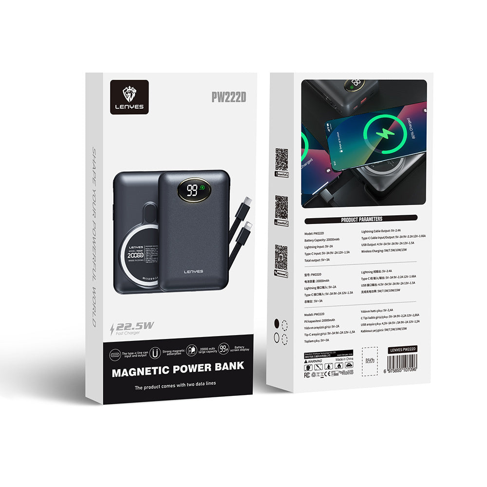 Lenyes PW222D Digital LED Display Wireless Charging Powerbank with Type-C and Lightning Cable 18W 20,000mAh Black