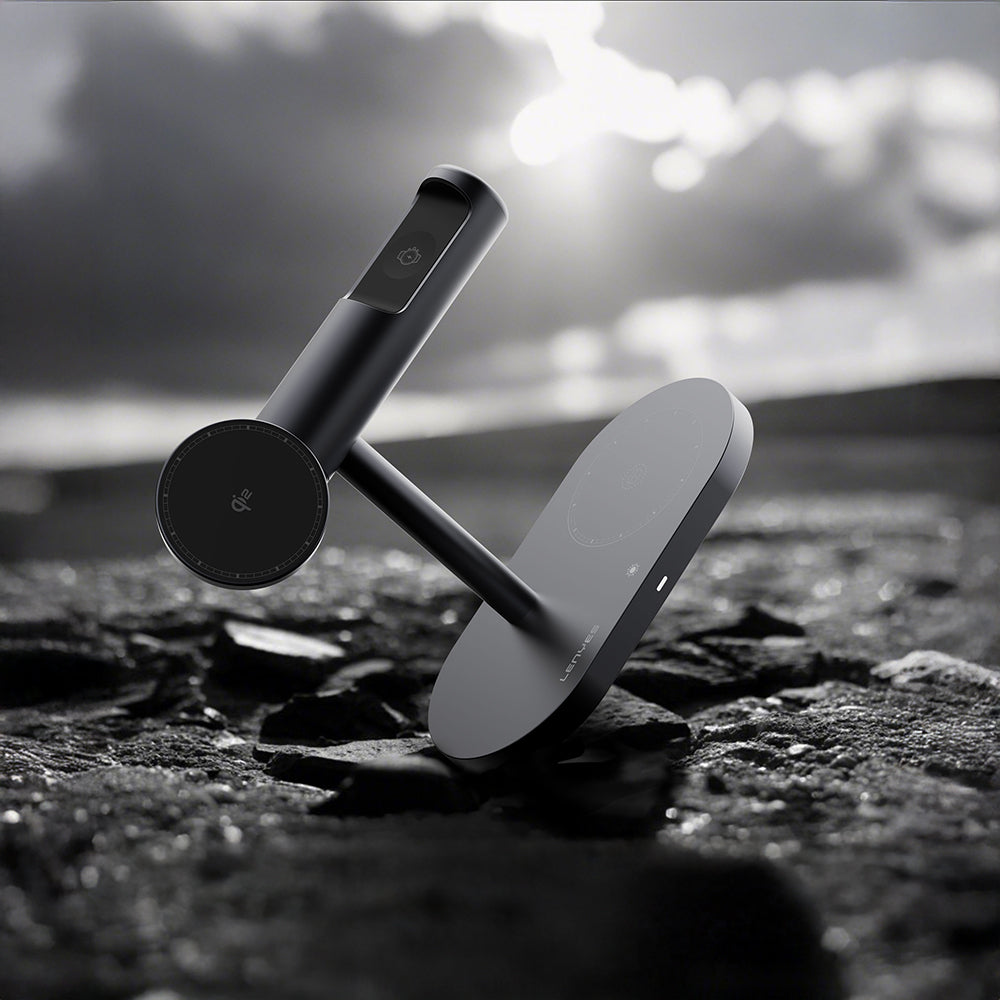 Lenyes PW319 Qi2 Şarj Teknolojili Ambiyans Işıklı Telefon&Akıllı Saat&Kulaklık 15W 3in1 Kablosuz Şarj Standı Gri