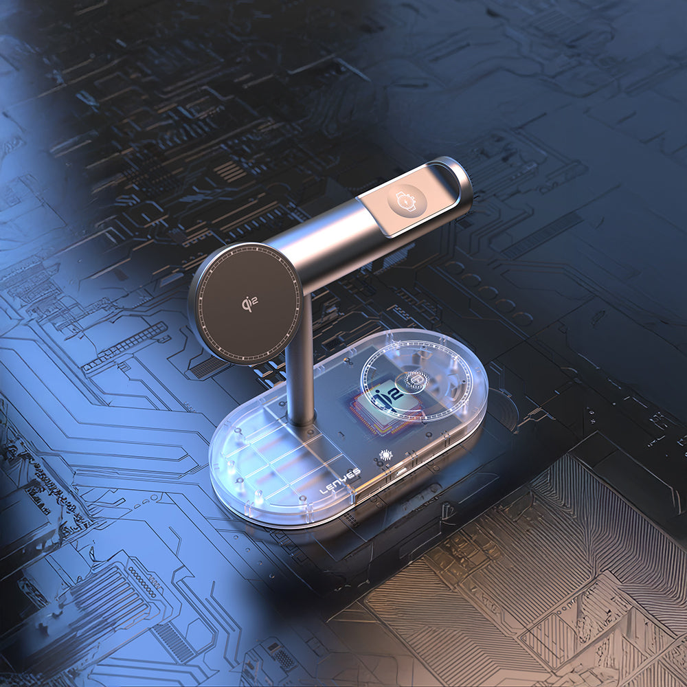 Lenyes PW319 Qi2 Şarj Teknolojili Ambiyans Işıklı Telefon&Akıllı Saat&Kulaklık 15W 3in1 Kablosuz Şarj Standı Gri