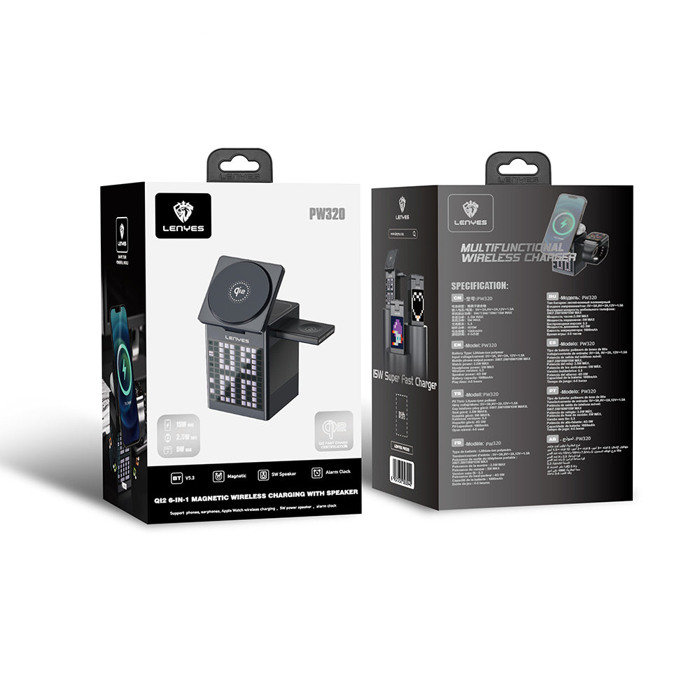 Lenyes PW320 Qi2 Şarj Teknolojili Alarmlı Bluetooth Speaker Özellikli Telefon&Akıllı Saat&Kulaklık 15W 6in1 Kablosuz Şarj Standı Gri