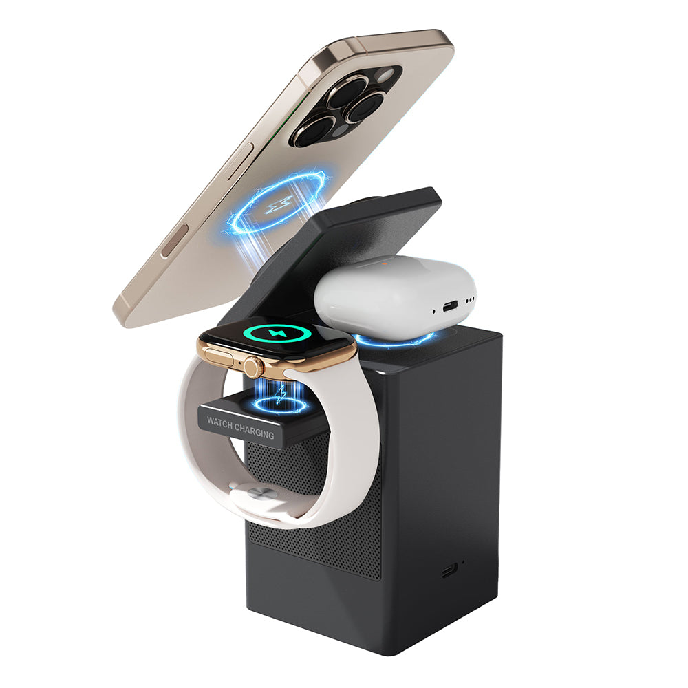 Lenyes PW320 Qi2 Şarj Teknolojili Alarmlı Bluetooth Speaker Özellikli Telefon&Akıllı Saat&Kulaklık 15W 6in1 Kablosuz Şarj Standı Gri