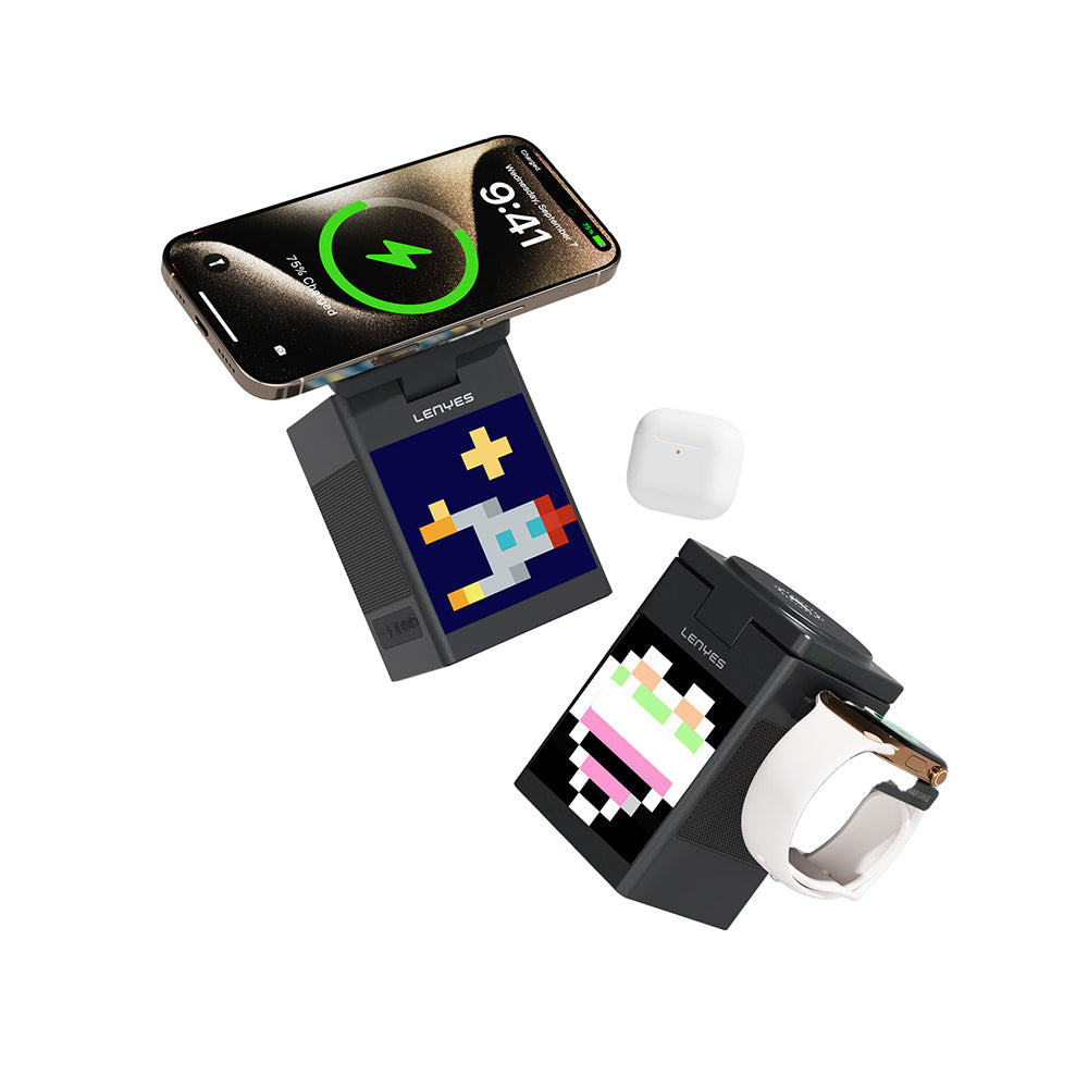 Lenyes PW320 Qi2 Şarj Teknolojili Alarmlı Bluetooth Speaker Özellikli Telefon&Akıllı Saat&Kulaklık 15W 6in1 Kablosuz Şarj Standı Gri