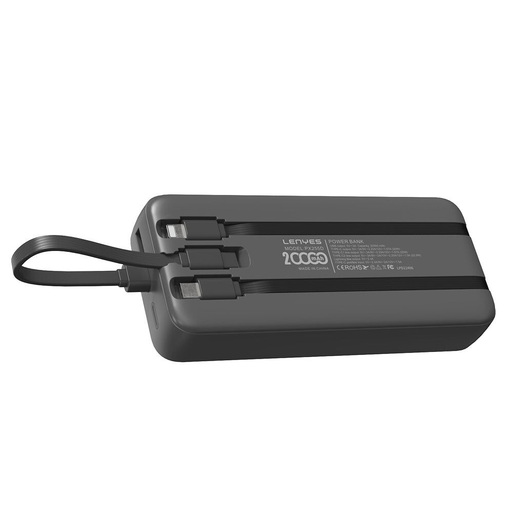 Lenyes PX255D Digital LED Display Type-C and Lightning Cable Power Bank 22.5W 20,000mAh Black