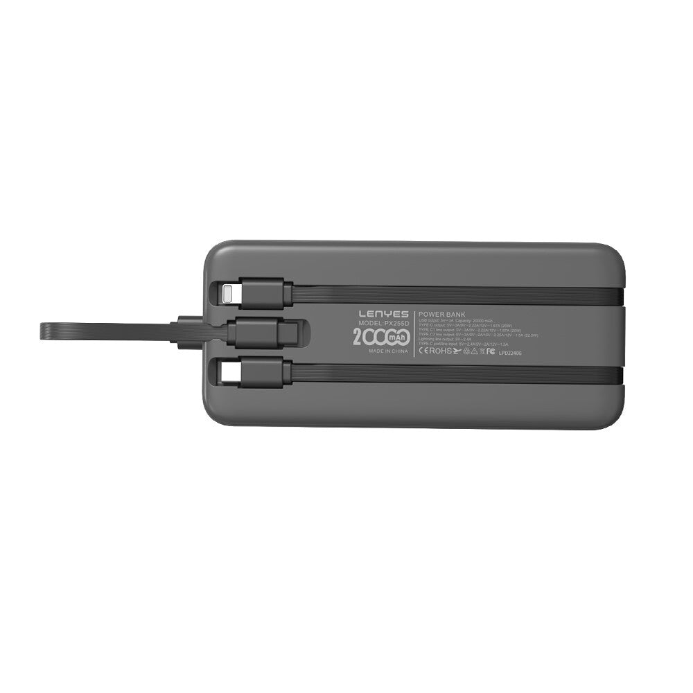 Lenyes PX255D Digital LED Display Type-C and Lightning Cable Power Bank 22.5W 20,000mAh Black