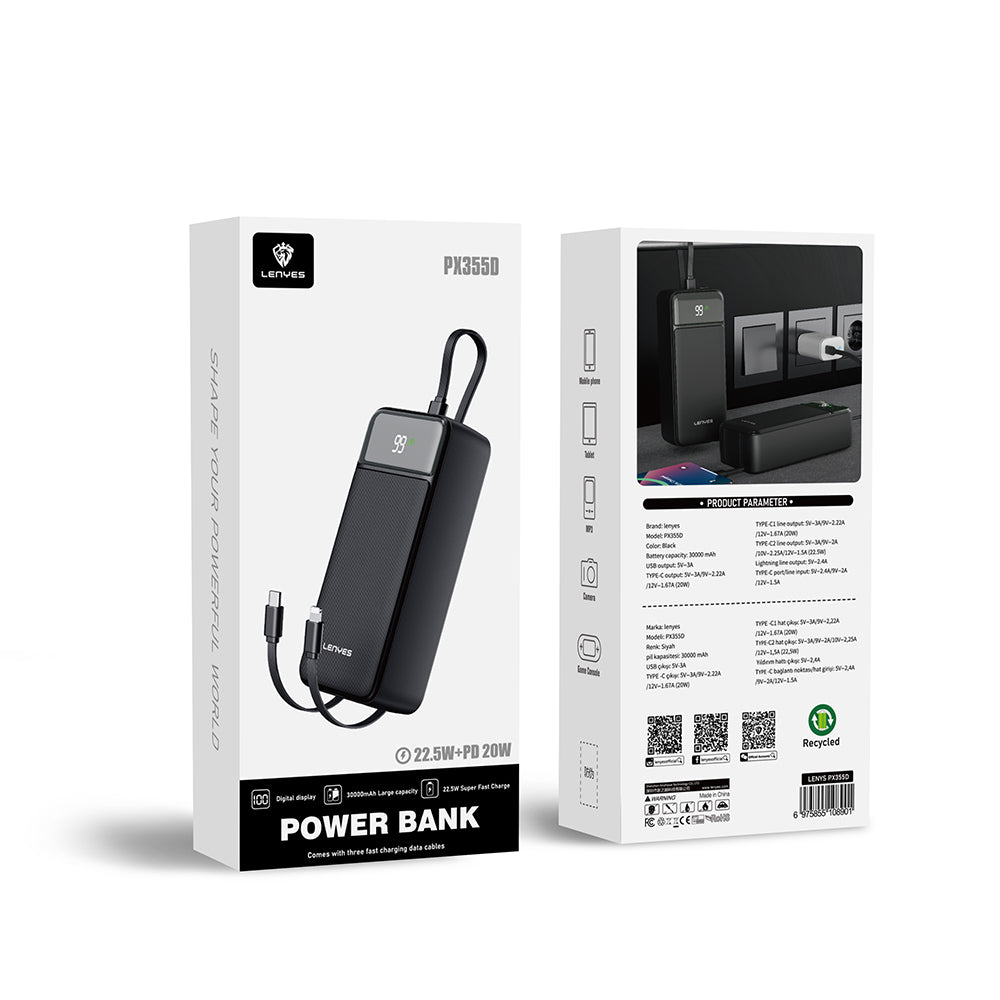 Lenyes PX355D Dijital LED Ekranlı Type-C ve Lightning Kablolu Powerbank 22.5W 30.000mAh Siyah