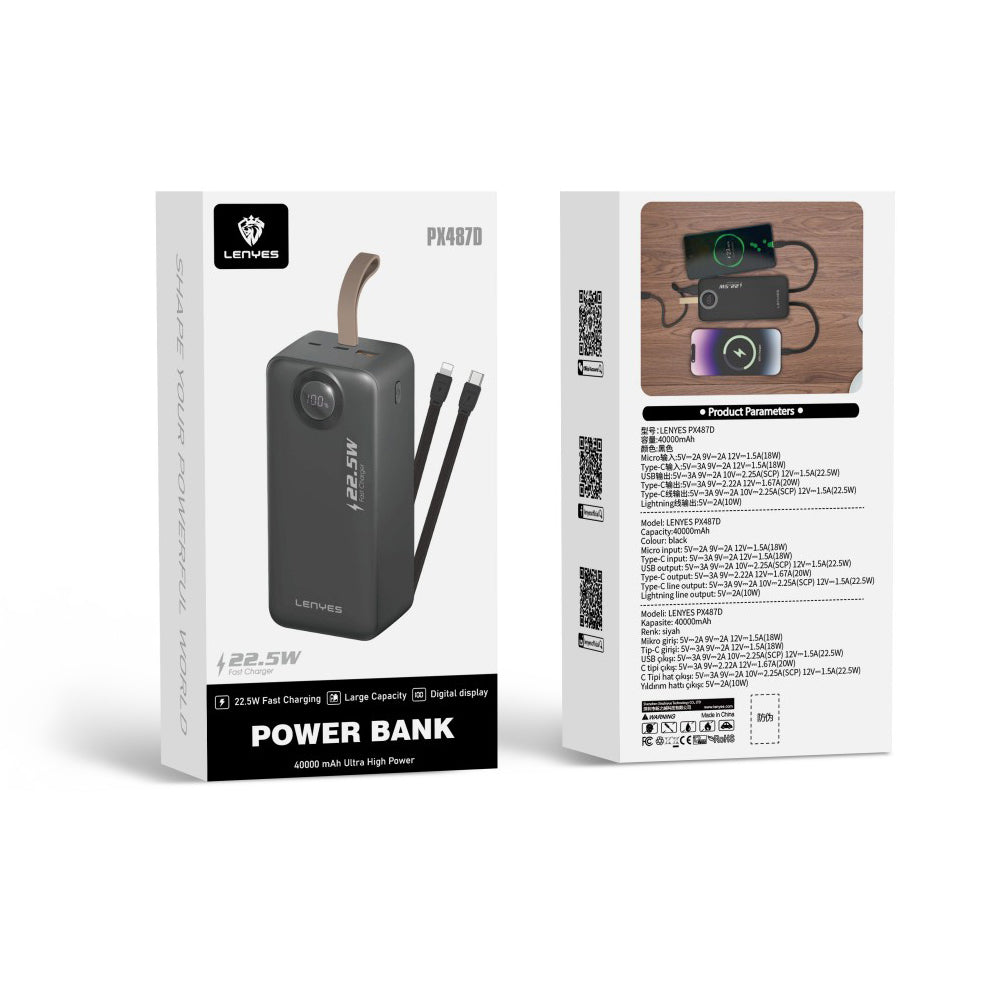 Lenyes PXD487D Digital LED Display Type-C and Lightning Cable Hanging Power Bank 22.5W 40,000mAh Black