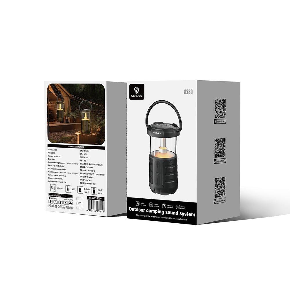 Lenyes S230 Kamp Gece Lambalı Bluetooth Speaker Hoparlör v5.3 Siyah