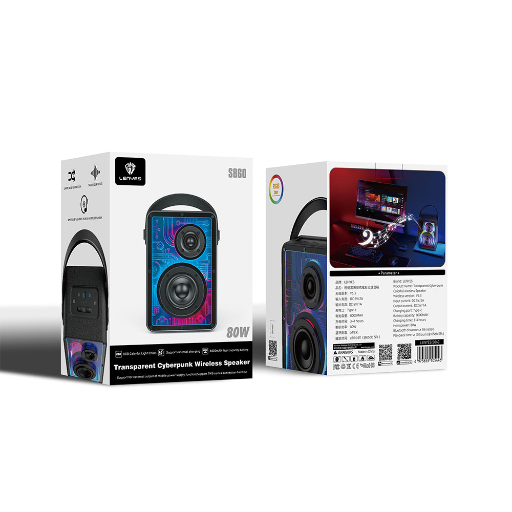 Lenyes S860 RGB Işıklı Taşınabilir Bluetooth Speaker Hoparlör v5.3 Siyah