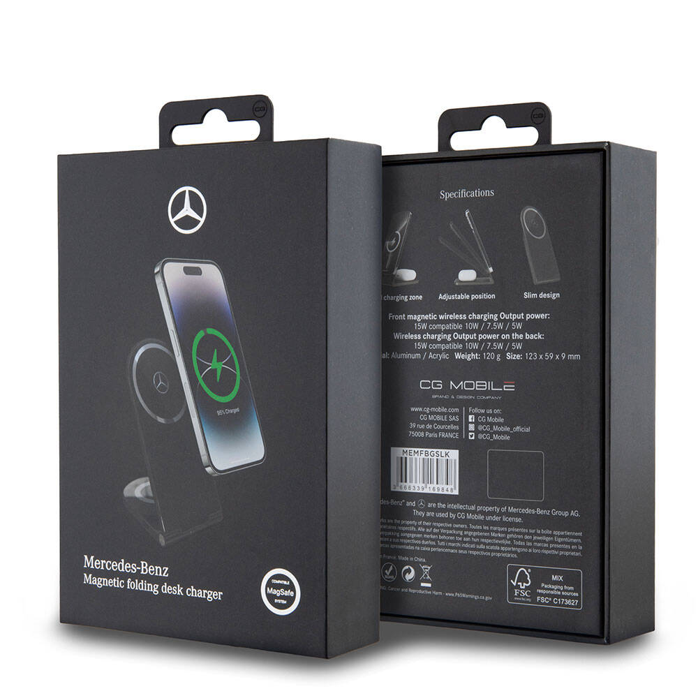 Mercedes Benz Original Licensed Foldable Magnetic Wireless Charging Stand with Star Logo, Black