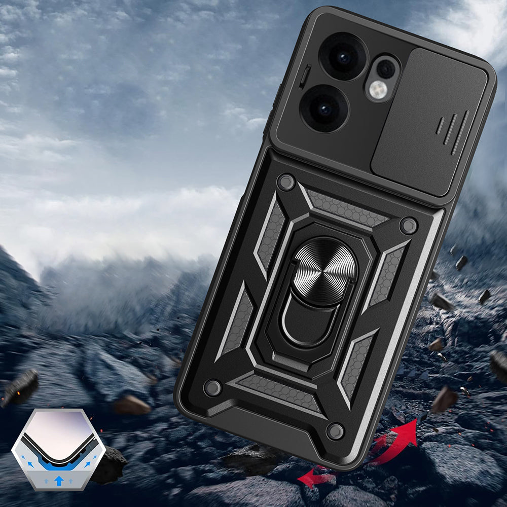 Oppo Reno 13F 5G Kılıf Magnetik Standlı Kamera Korumalı Zore Sürgülü Vega Kapak Siyah