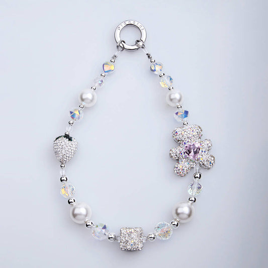 Picocici Elmas Taşlı Çilek ve Elmas Taşlı Ayı Telefon Bilek Askı İpi Beyaz