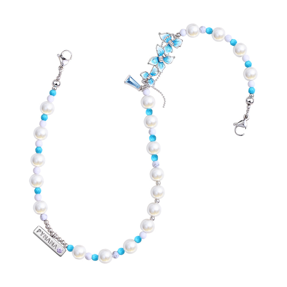 Pynana BlueFlower Series Pearl Stone Phone Wrist Strap Blue-White