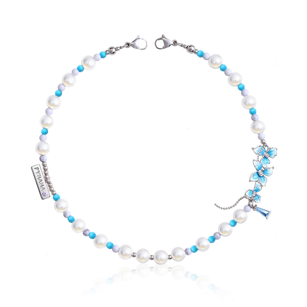 Pynana BlueFlower Series Pearl Stone Phone Wrist Strap Blue-White