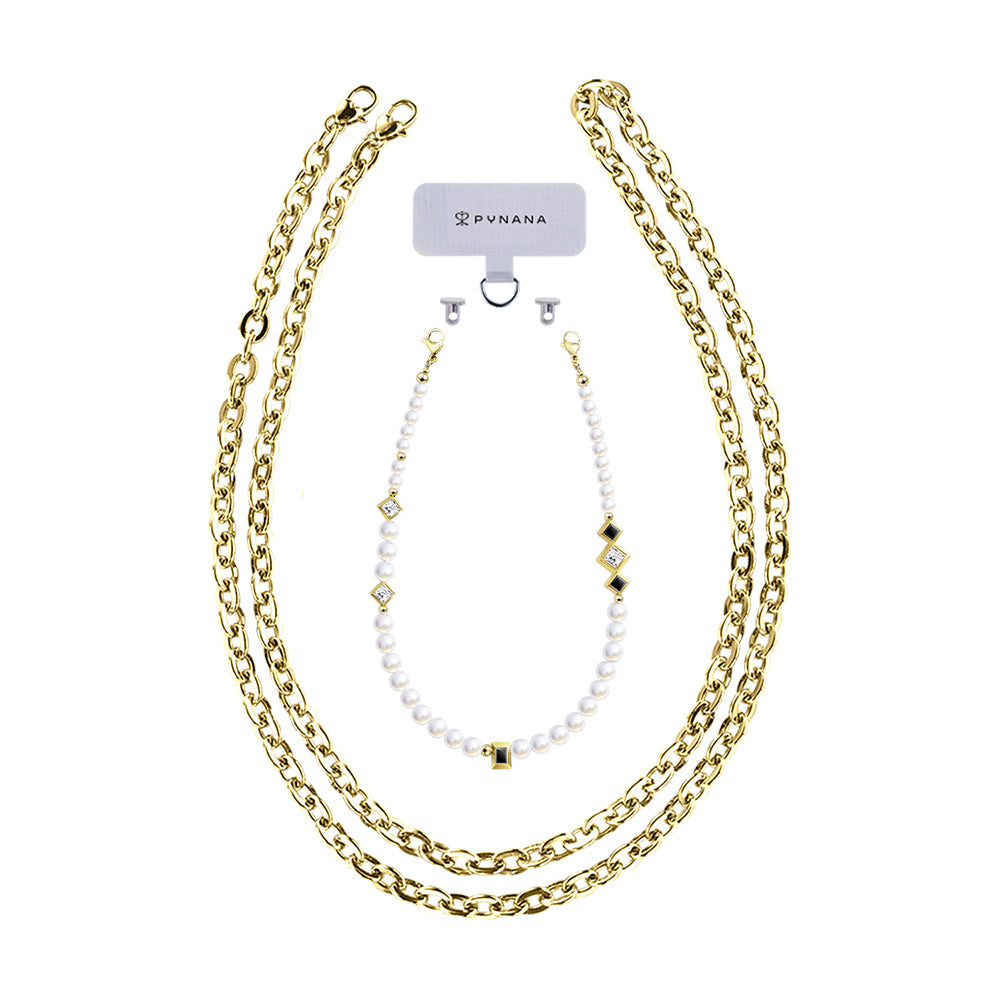 Pynana Free Diamond Series Pearl Stone Phone Lanyard Black-Gold