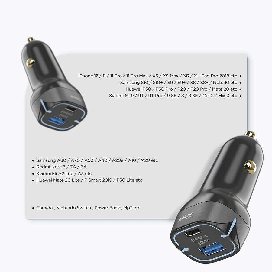 Qgeem QG-CHAP03 Usb - PD 52.5W Araç Şarj Aleti Siyah