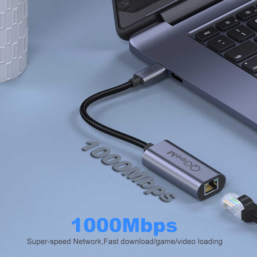 Qgeem QG-UA05 RJ45 to Type-C Süper Hızlı Ethernet Dönüştürücü Kablo 1000Mbps 11cm Siyah