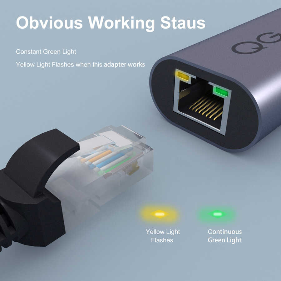 Qgeem QG-UA05 RJ45 to Type-C Süper Hızlı Ethernet Dönüştürücü Kablo 1000Mbps 11cm Siyah