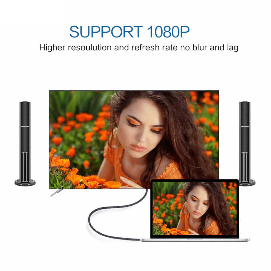 Qgeem QG-UA17 Type-C to VGA Adaptörü Yüksek Çözünürlüklü Dönüştürücü Kablo 1080p 60Hz 1.8 metre Siyah