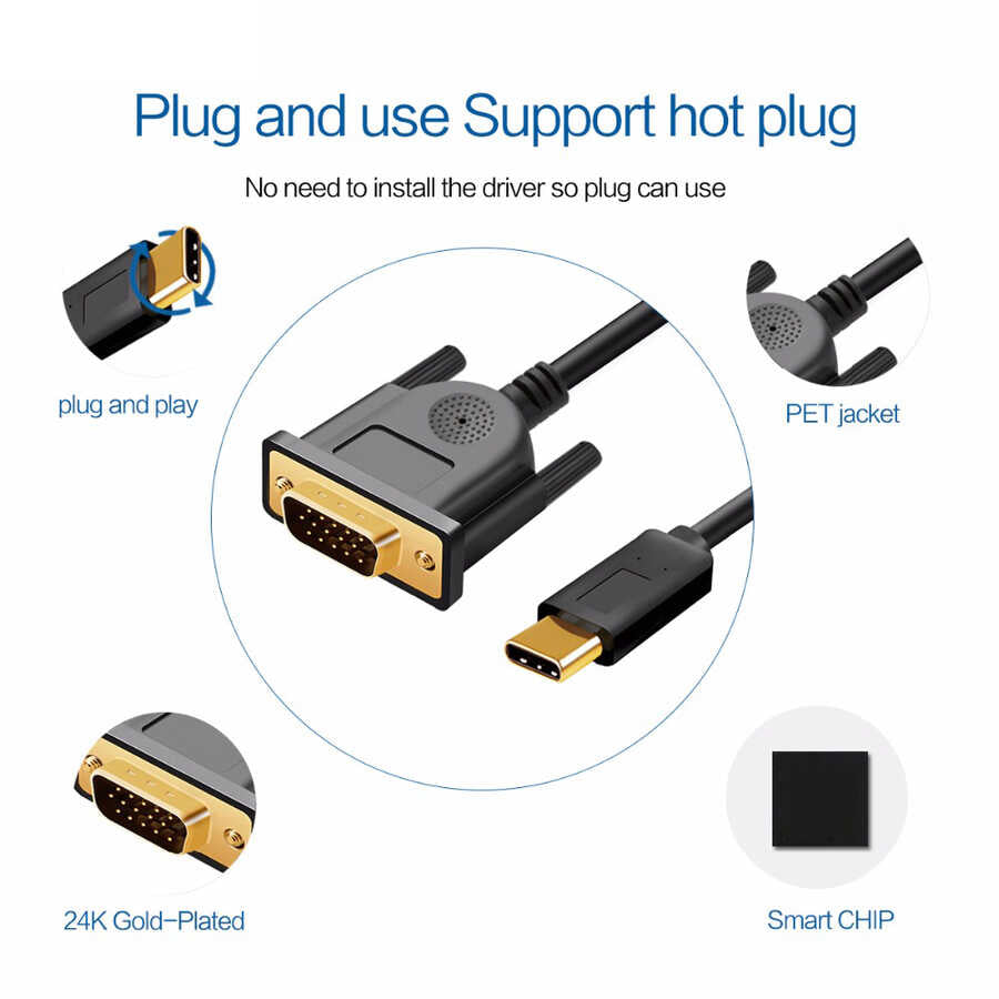 Qgeem QG-UA17 Type-C to VGA Adaptörü Yüksek Çözünürlüklü Dönüştürücü Kablo 1080p 60Hz 3 metre Siyah