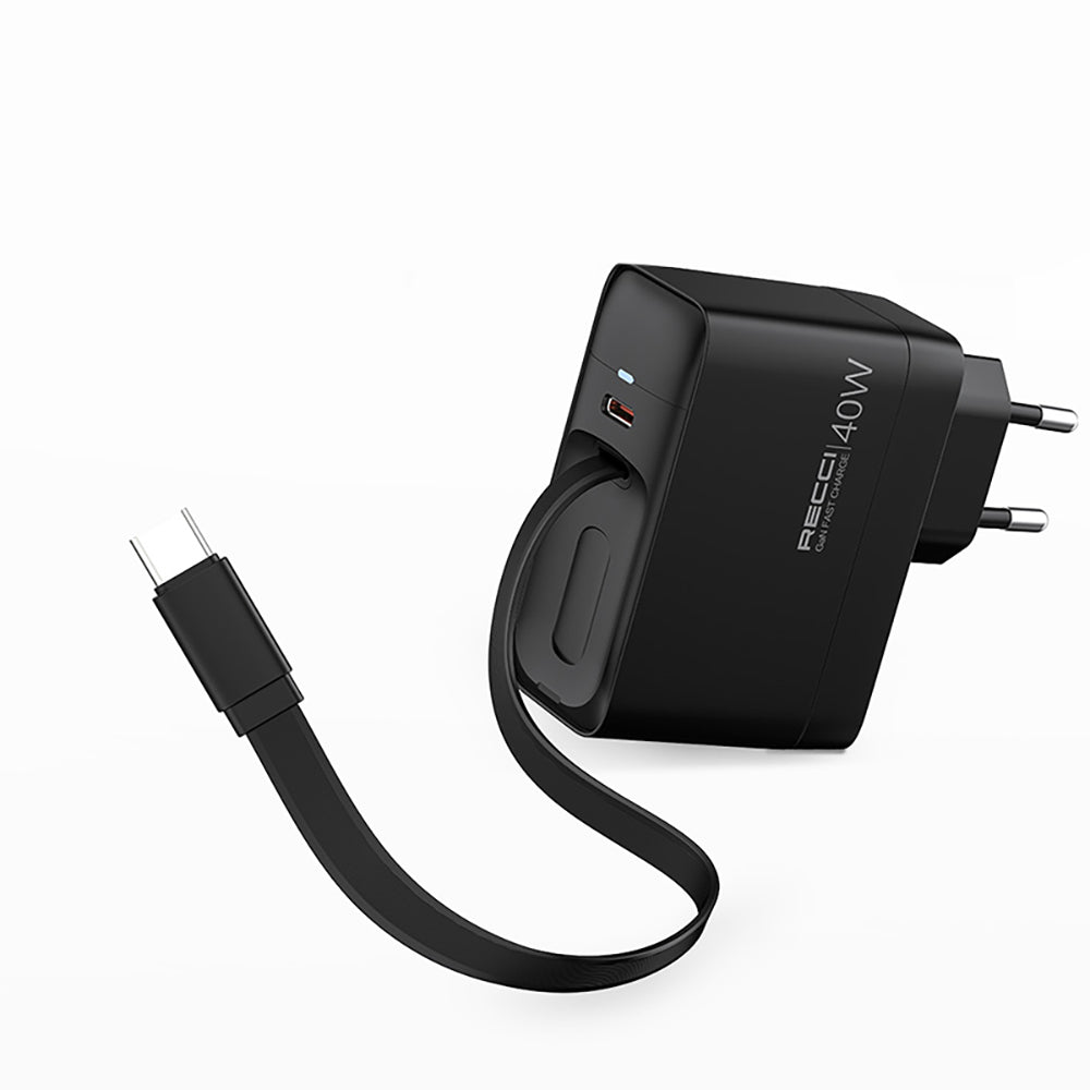 Recci RC102E GaN Technology Fast Charging Head USB-A to Type-C PD 40W Type-C Wired Charging Set Black