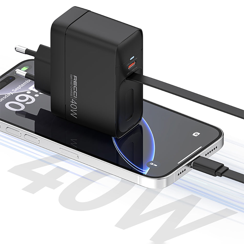 Recci RC102E GaN Technology Fast Charging Head USB-A to Type-C PD 40W Type-C Wired Charging Set Black