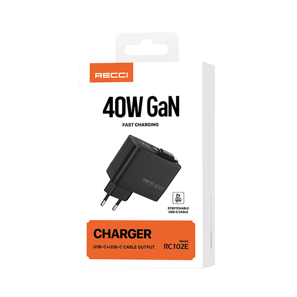 Recci RC102E GaN Technology Fast Charging Head USB-A to Type-C PD 40W Type-C Wired Charging Set Black