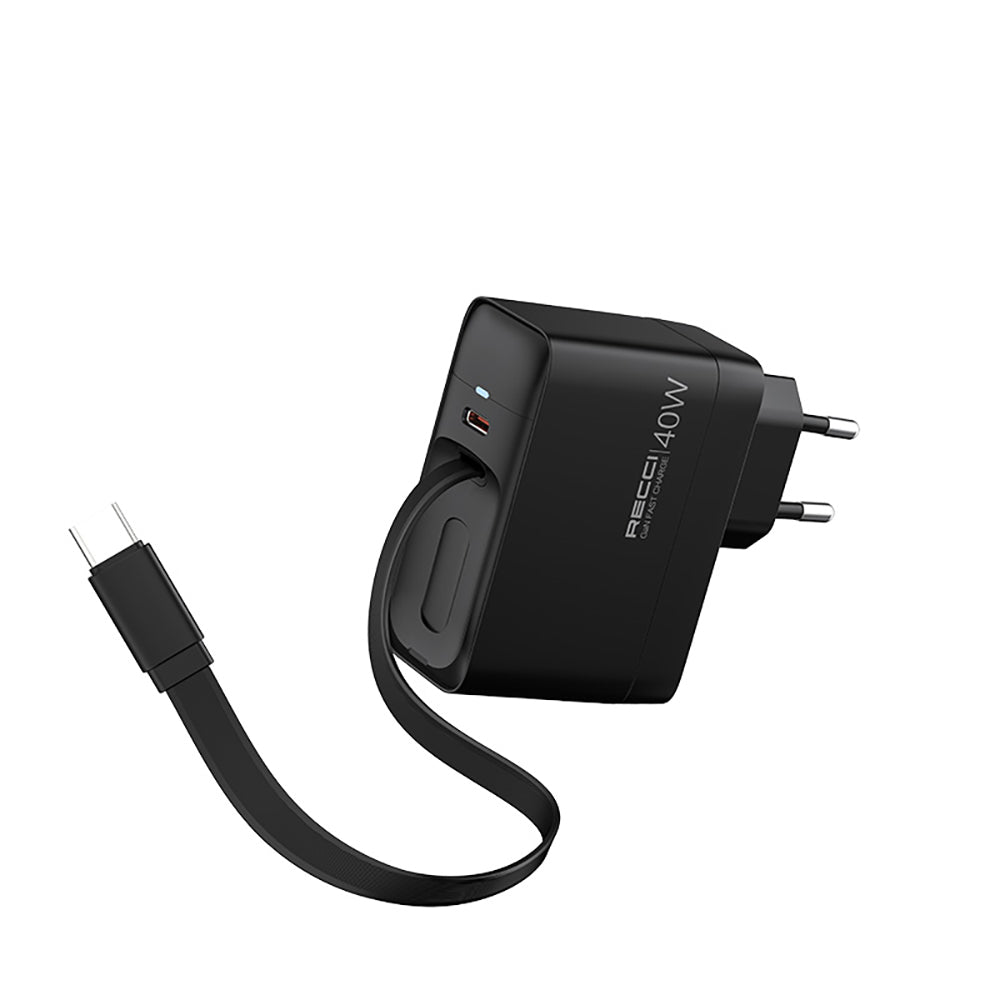 Recci RC102E GaN Technology Fast Charging Head USB-A to Type-C PD 40W Type-C Wired Charging Set Black