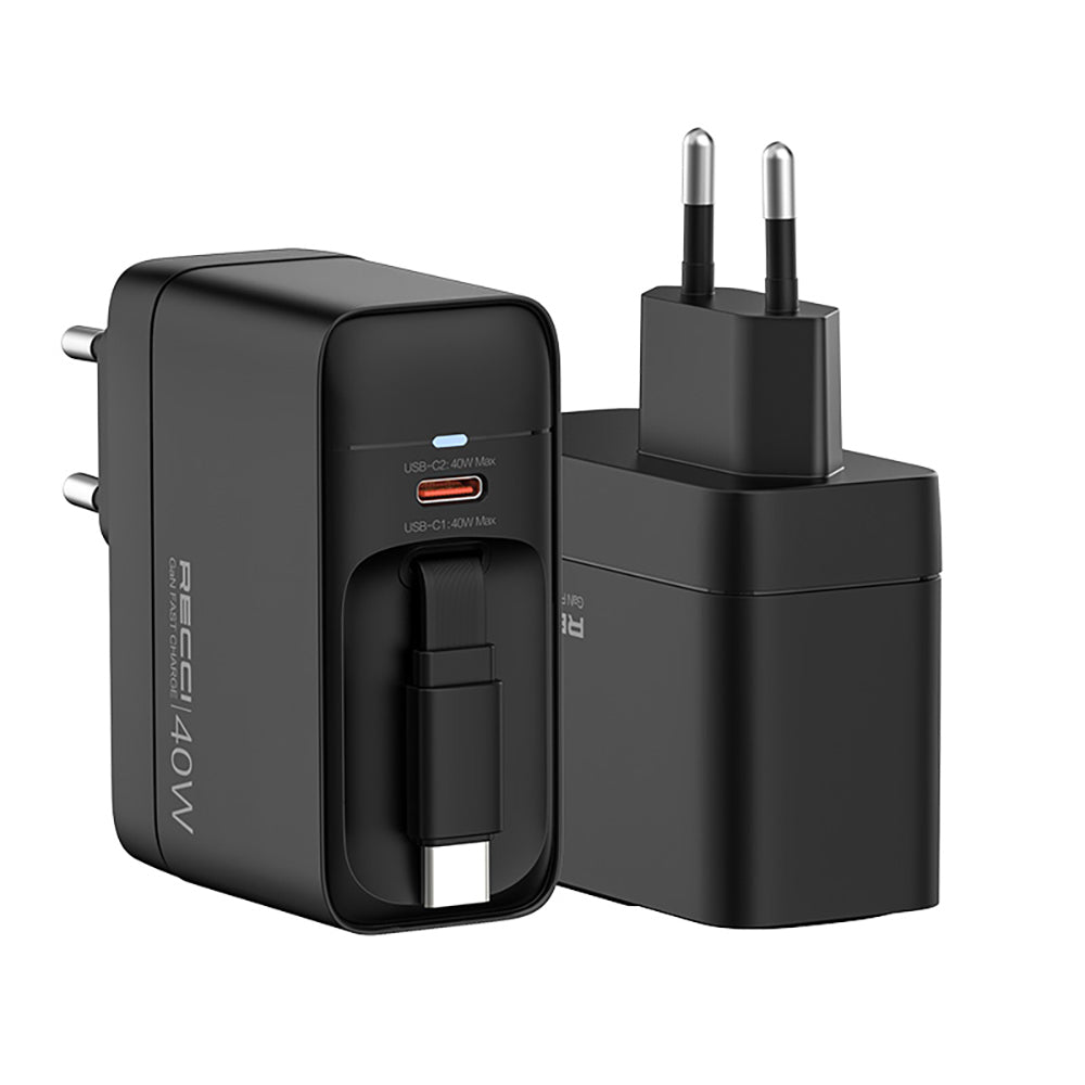 Recci RC102E GaN Technology Fast Charging Head USB-A to Type-C PD 40W Type-C Wired Charging Set Black