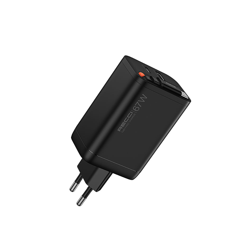 Recci RC103E GaN Technology Fast Charging Head USB-A to Type-C PD 67W Type-C Wired Charging Set Black