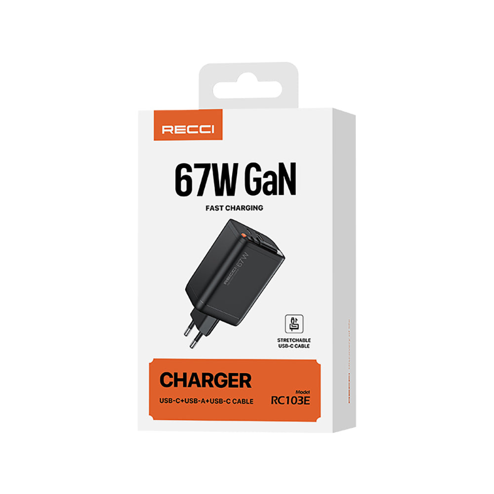Recci RC103E GaN Technology Fast Charging Head USB-A to Type-C PD 67W Type-C Wired Charging Set Black