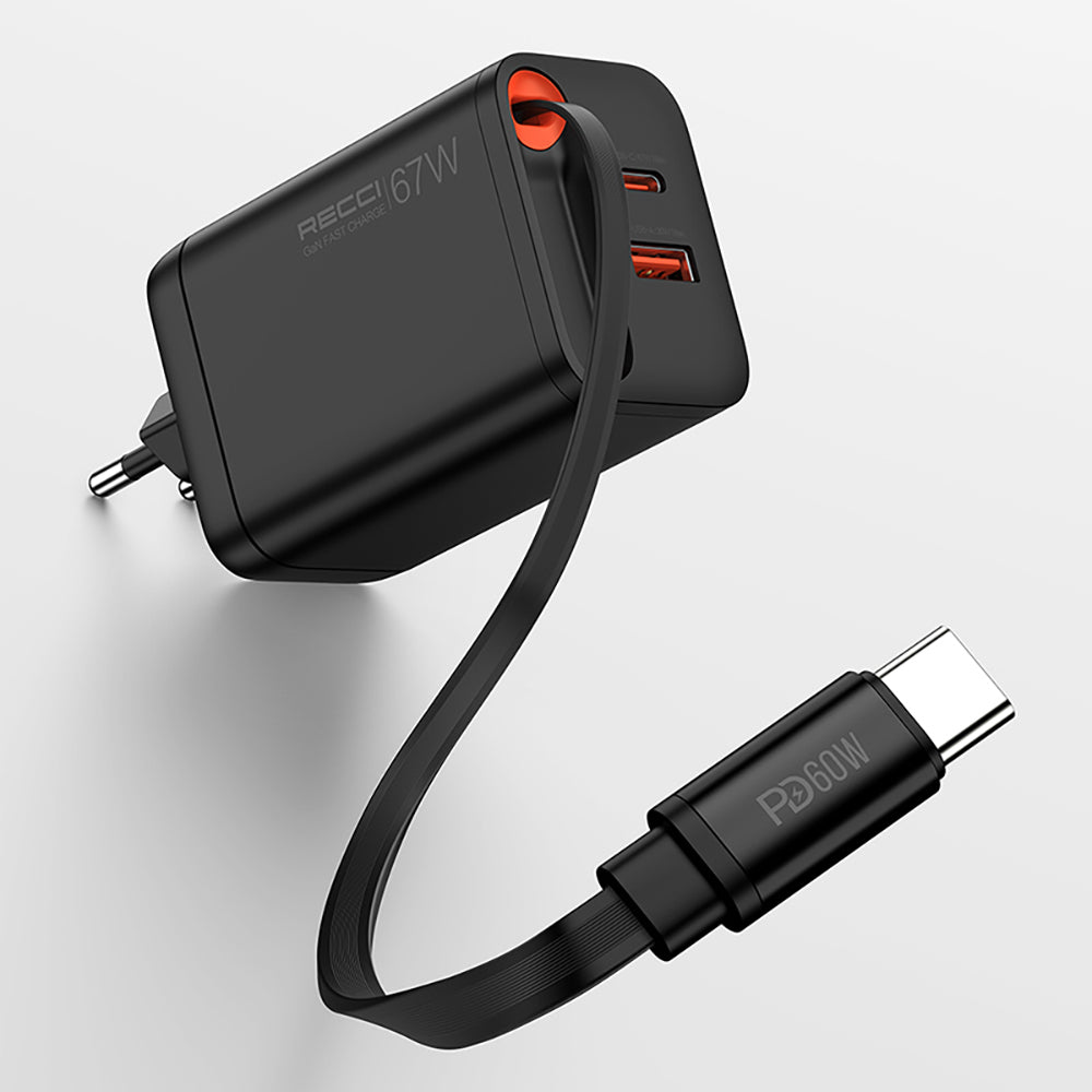 Recci RC103E GaN Technology Fast Charging Head USB-A to Type-C PD 67W Type-C Wired Charging Set Black