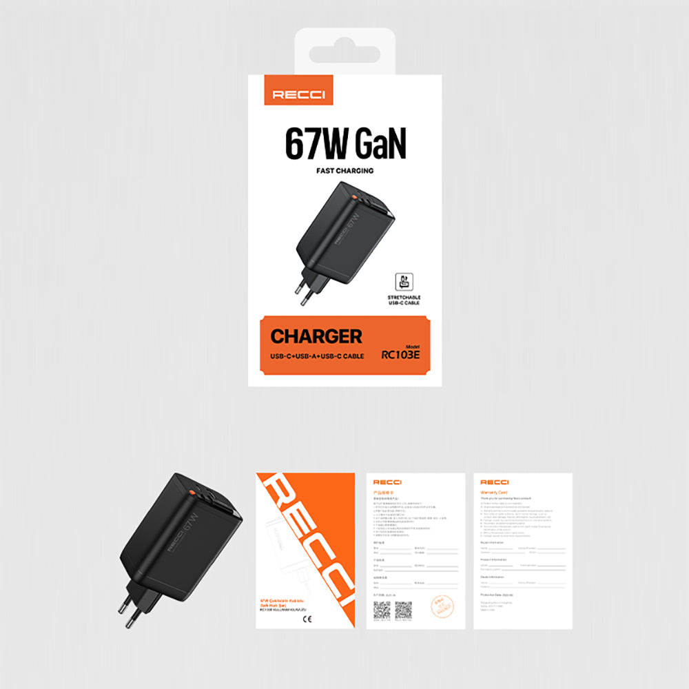 Recci RC103E GaN Technology Fast Charging Head USB-A to Type-C PD 67W Type-C Wired Charging Set Black