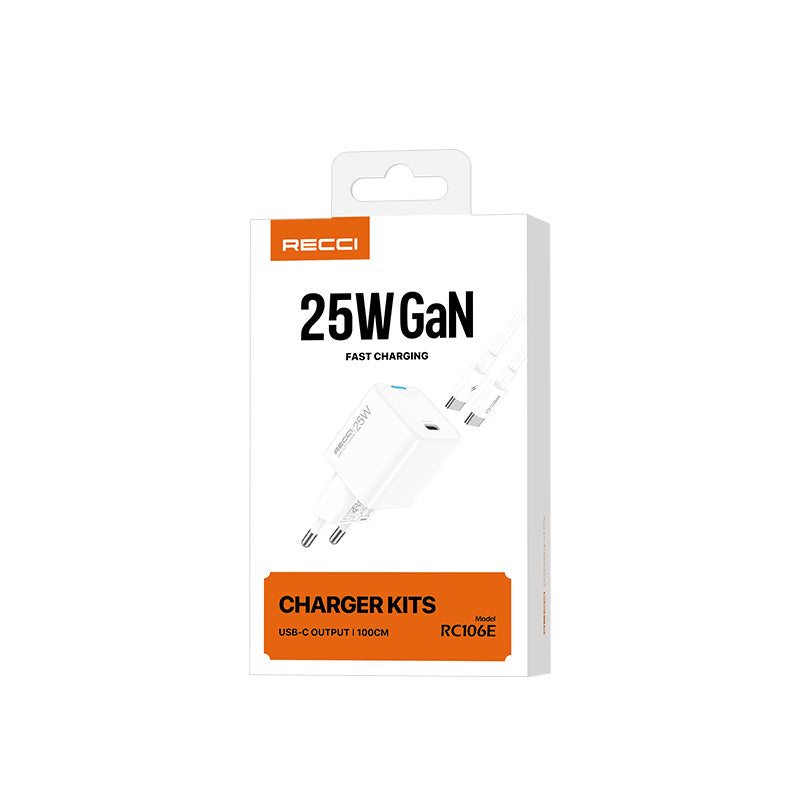 Recci RC106E GaN Technology Fast Charging Head Type-C to Type-C PD 25W Wired Charging Set White