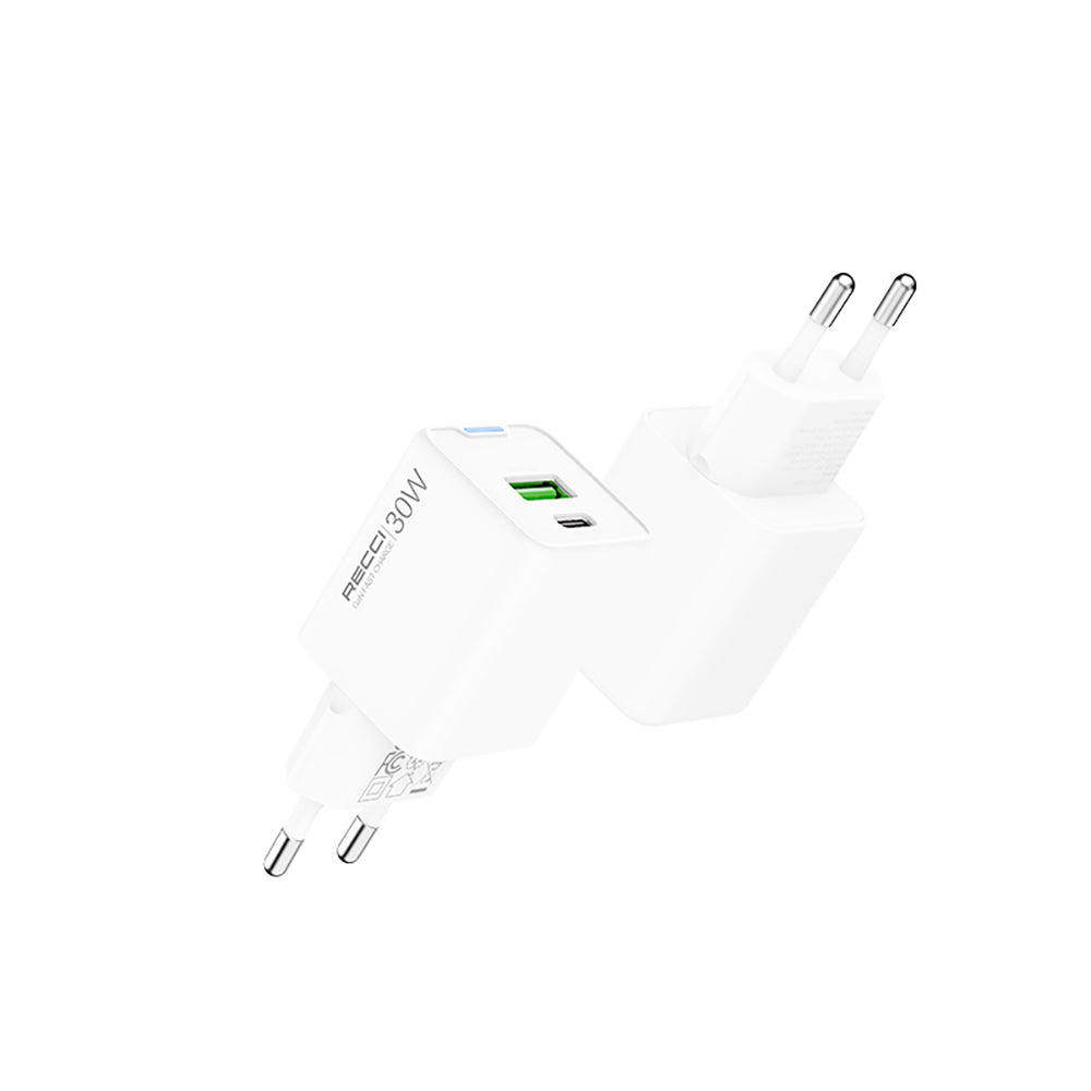 Recci RC107E Type-C PD & USB-A GaN Technology Fast Charging Head 30W White