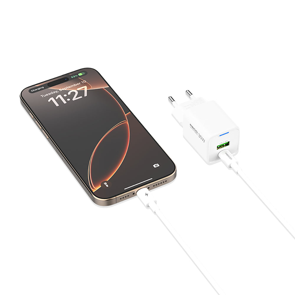 Recci RC107E Type-C PD & USB-A GaN Technology Fast Charging Head 30W White