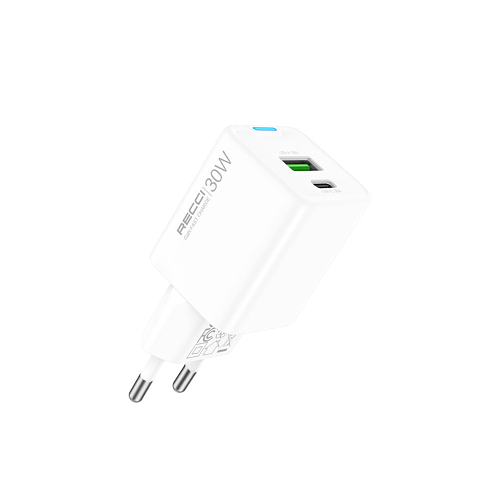 Recci RC107E Type-C PD & USB-A GaN Technology Fast Charging Head 30W White