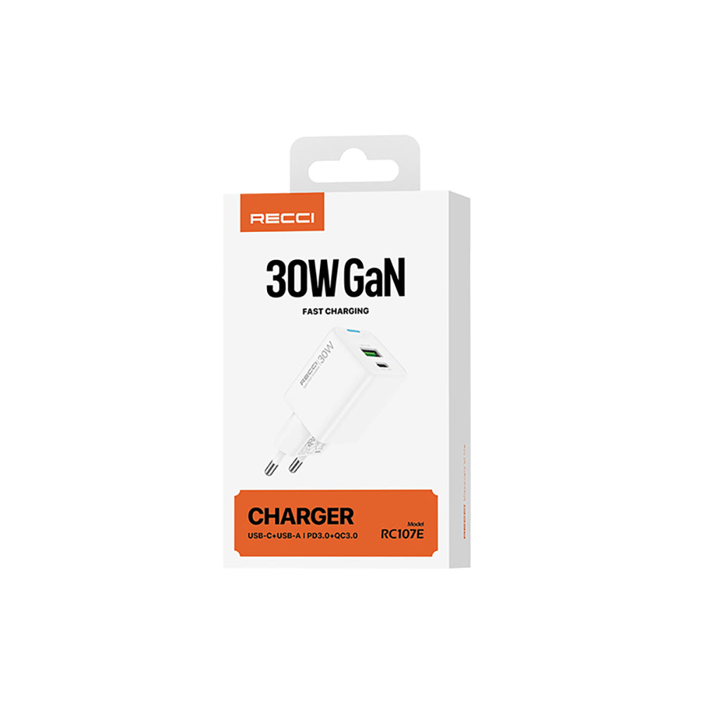 Recci RC107E Type-C PD & USB-A GaN Technology Fast Charging Head 30W White