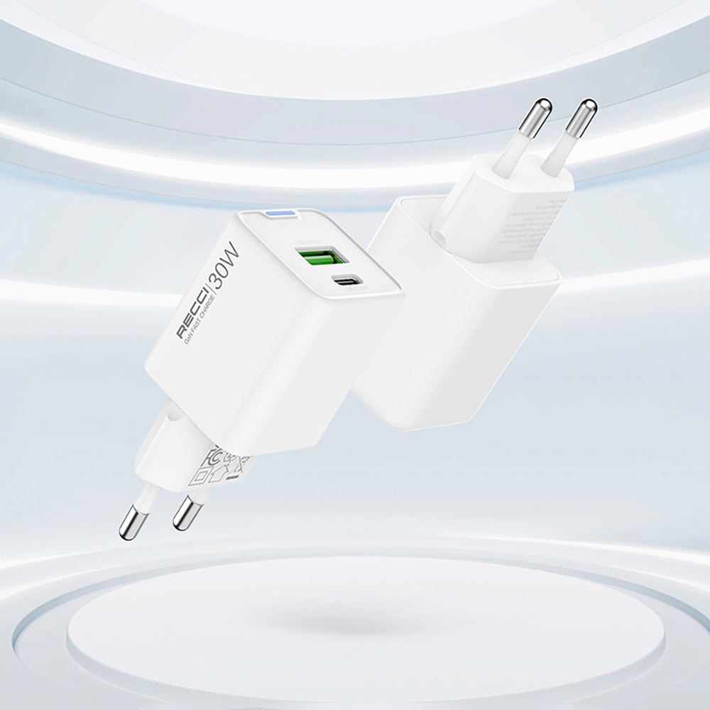 Recci RC107E Type-C PD & USB-A GaN Technology Fast Charging Head 30W White