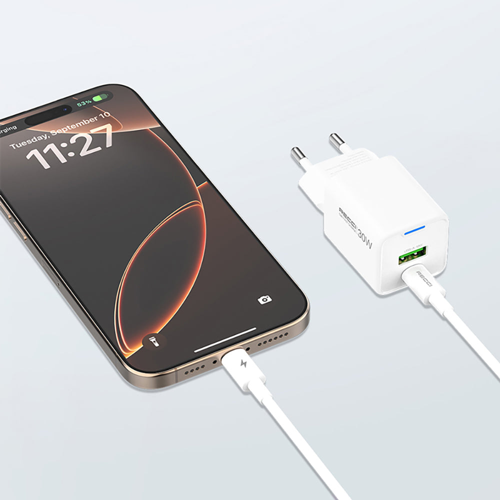 Recci RC107E Type-C PD & USB-A GaN Technology Fast Charging Head 30W White