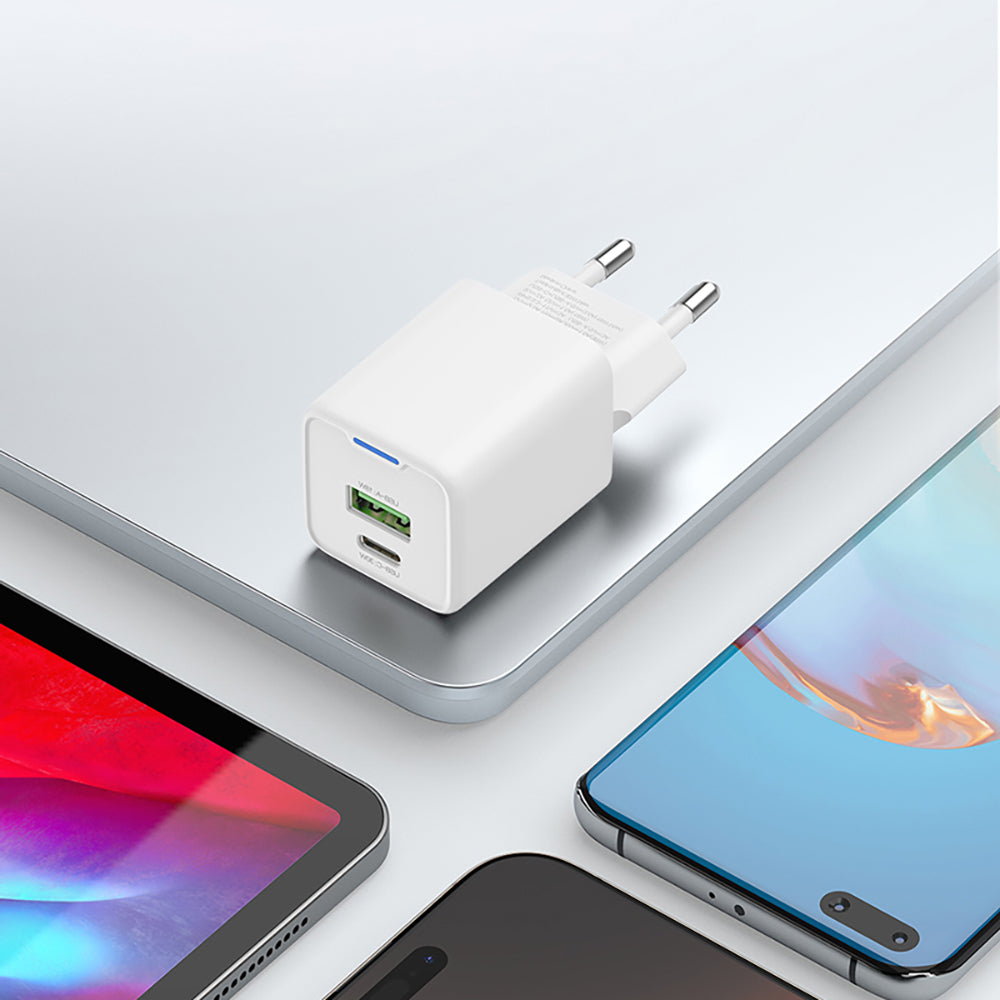 Recci RC107E Type-C PD & USB-A GaN Technology Fast Charging Head 30W White