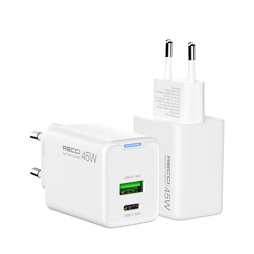Recci RC108E GaN Technology Fast Charging Head Type-C to Type-C PD 45W Wired Charging Set White