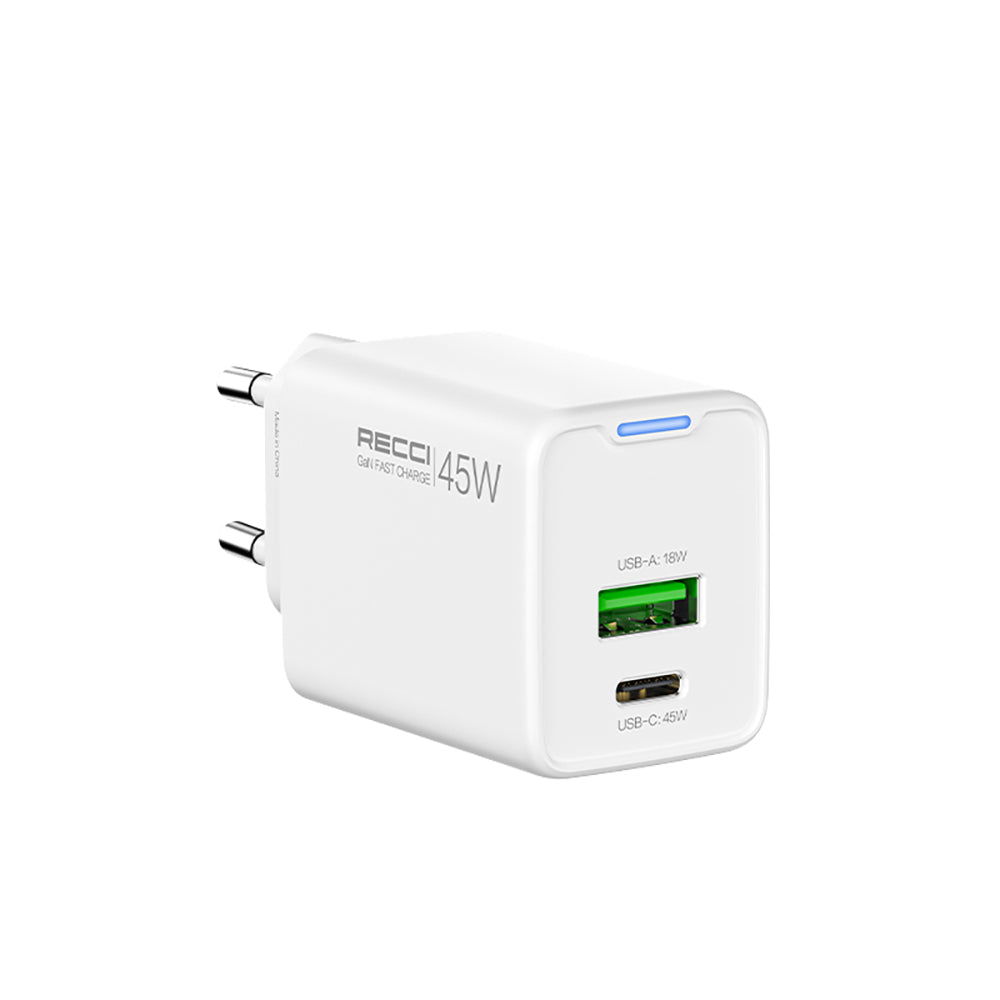 Recci RC108E GaN Technology Fast Charging Head Type-C to Type-C PD 45W Wired Charging Set White