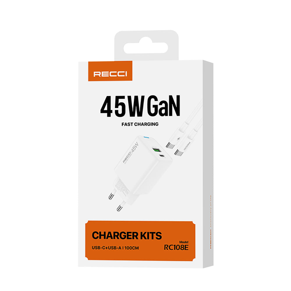Recci RC108E GaN Technology Fast Charging Head Type-C to Type-C PD 45W Wired Charging Set White
