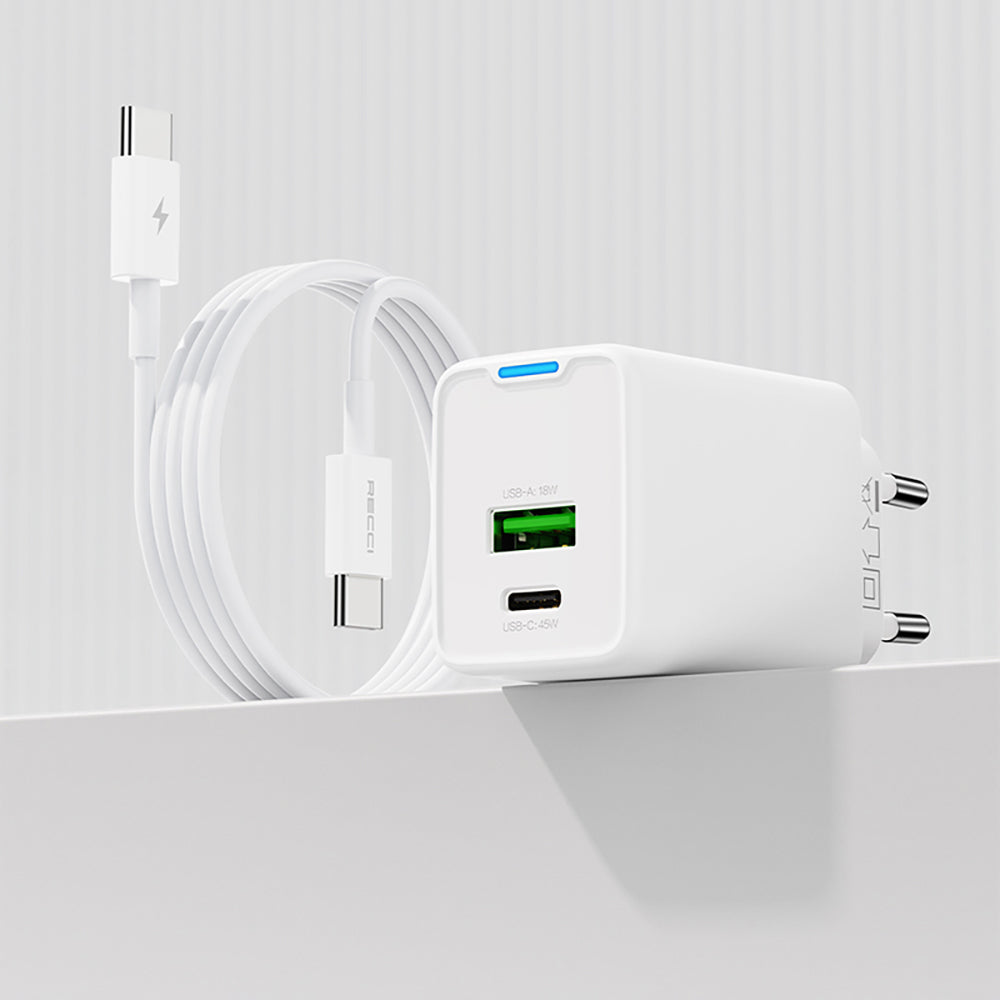Recci RC108E GaN Technology Fast Charging Head Type-C to Type-C PD 45W Wired Charging Set White