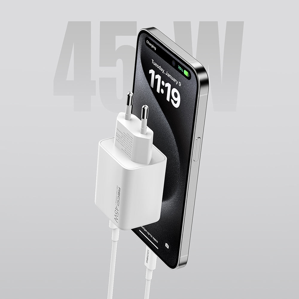 Recci RC108E GaN Technology Fast Charging Head Type-C to Type-C PD 45W Wired Charging Set White