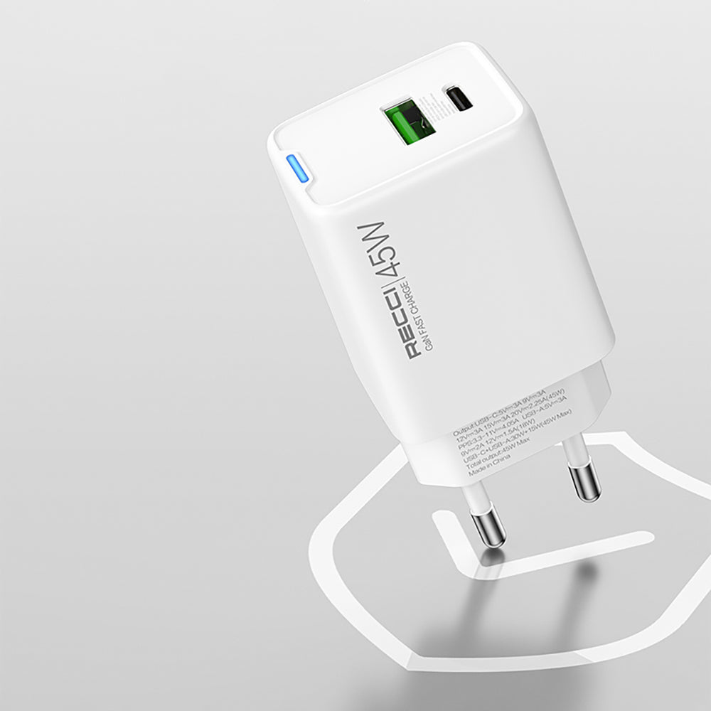 Recci RC108E GaN Technology Fast Charging Head Type-C to Type-C PD 45W Wired Charging Set White