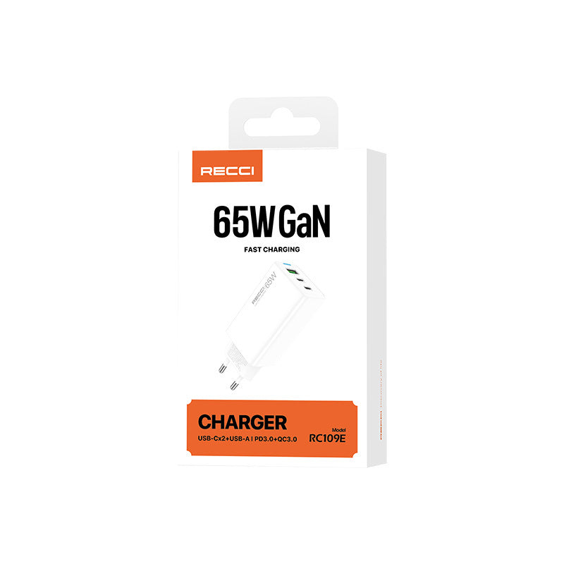 Recci RC109E Type-C PD & USB-A GaN Technology Fast Charging Head 65W White