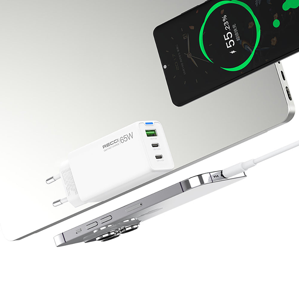 Recci RC109E Type-C PD & USB-A GaN Technology Fast Charging Head 65W White